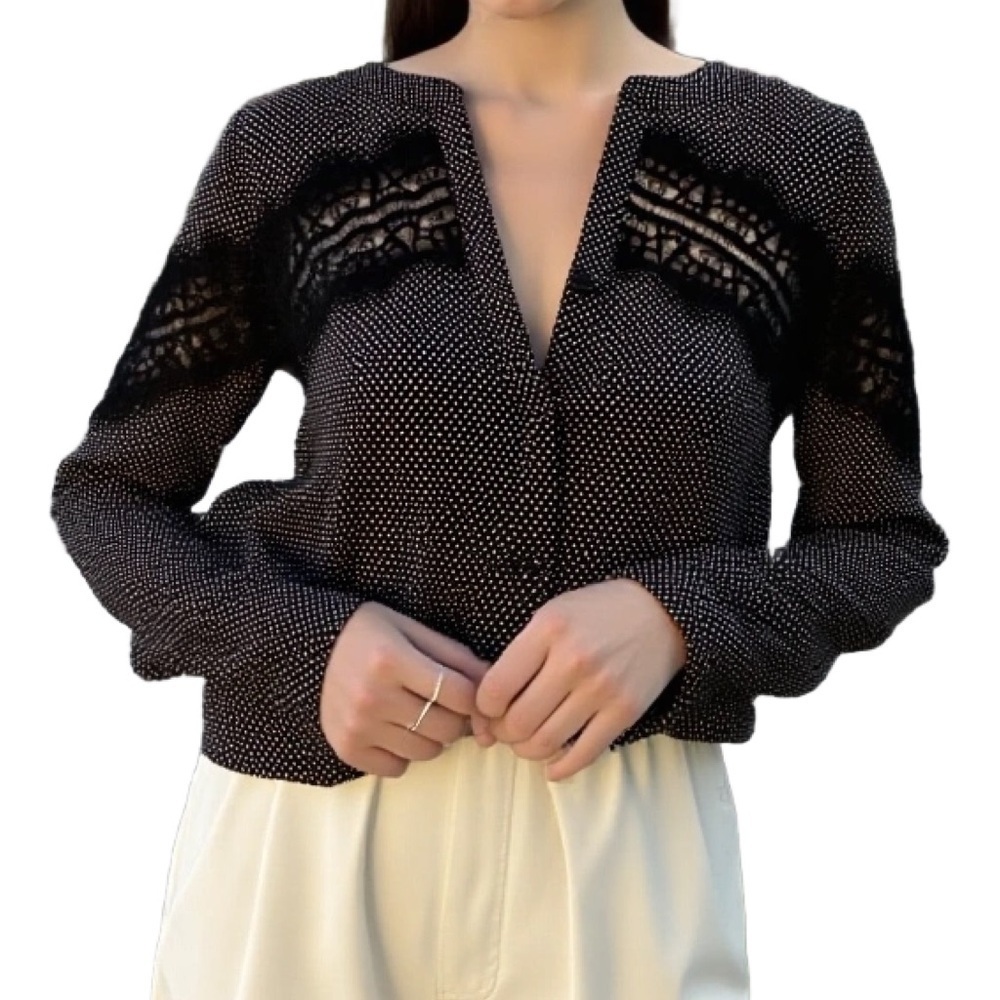 Ann Taylor Black and White Polka Dot Blouse with lace detailing Size XS